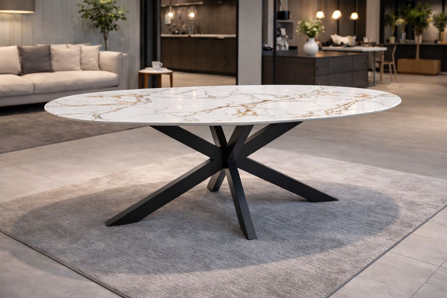 Modern Porselen Yemek Masası – Beyaz ve Altın Damar Detaylı