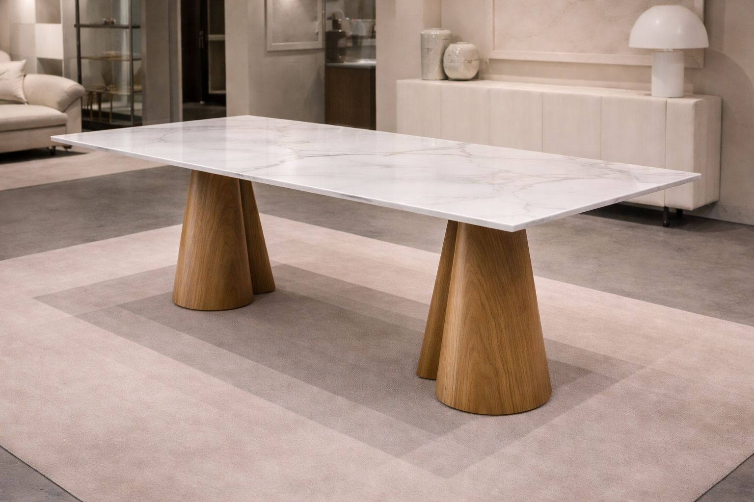 Modern Doğal Mermer Yemek Masası – Beyaz ve Doğal Ahşap