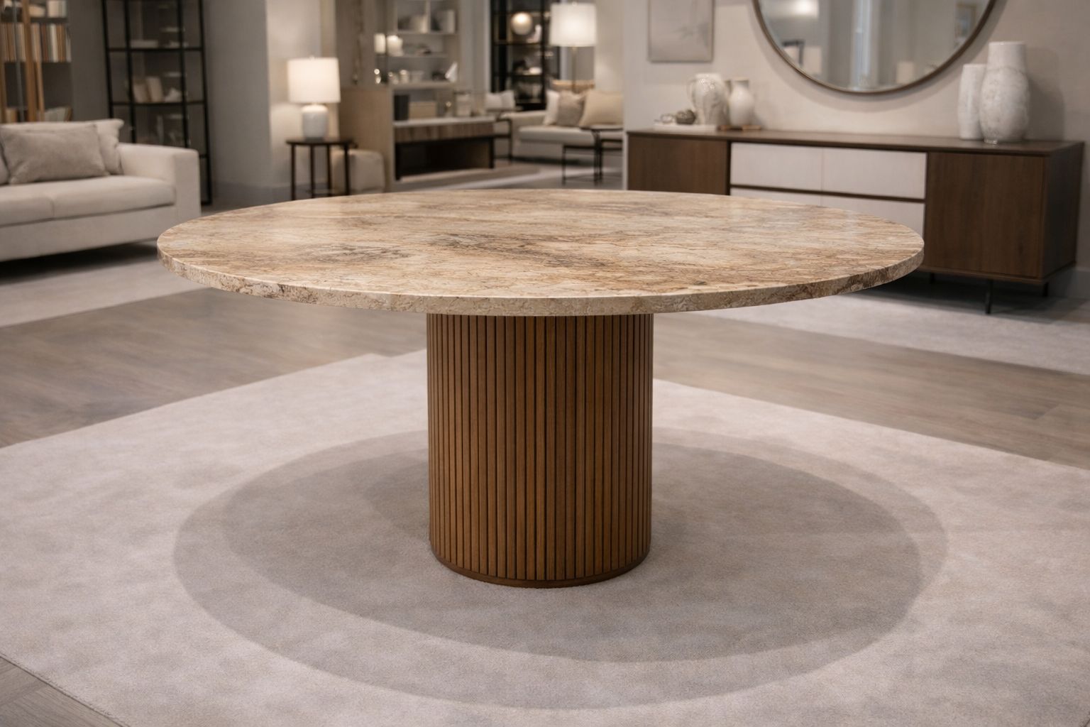 Yuvarlak Doğal Mermer Yemek Masası – Bej ve Doğal Ahşap