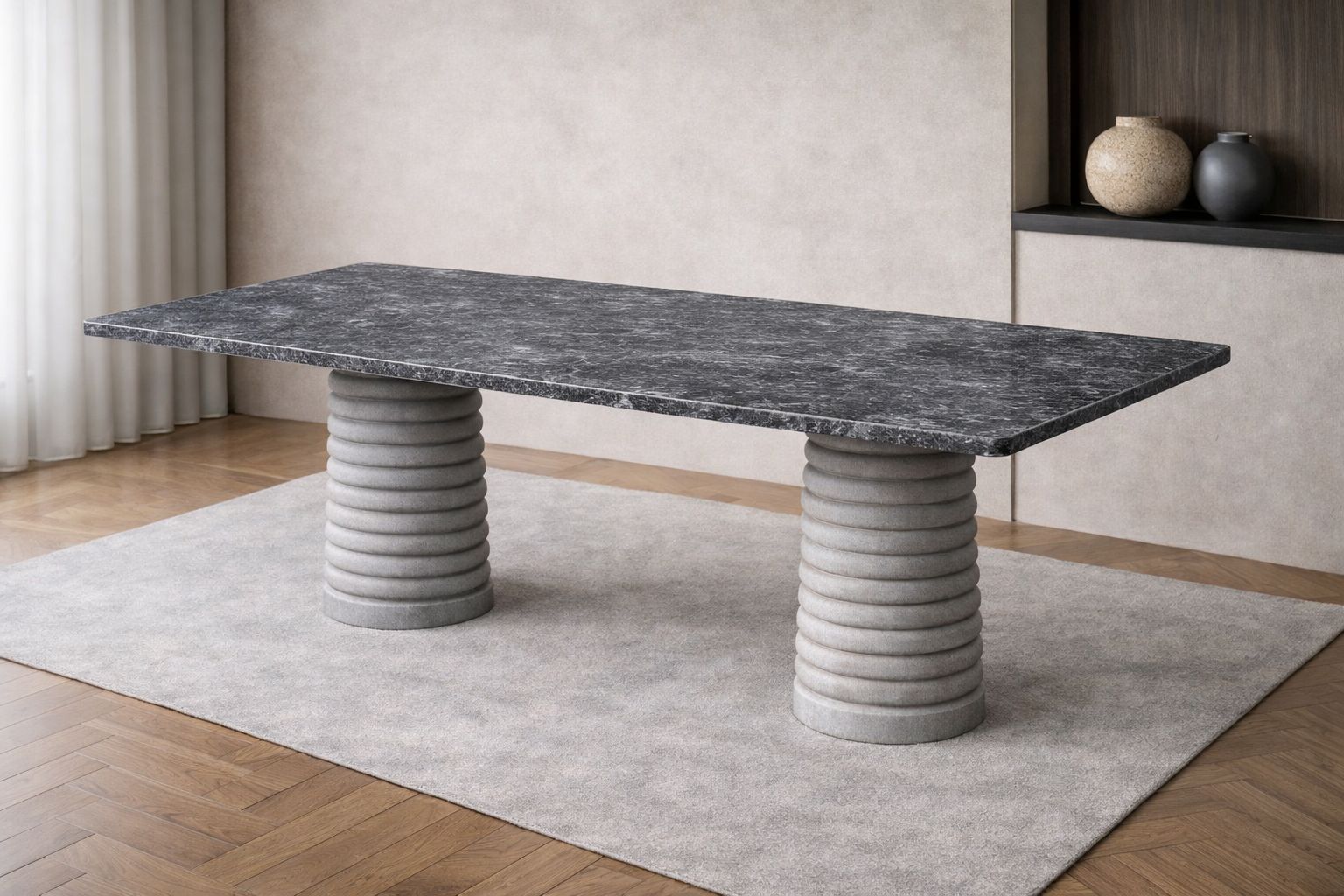 Modern Doğal Mermer Yemek Masası – Antrasit ve Açık Gri