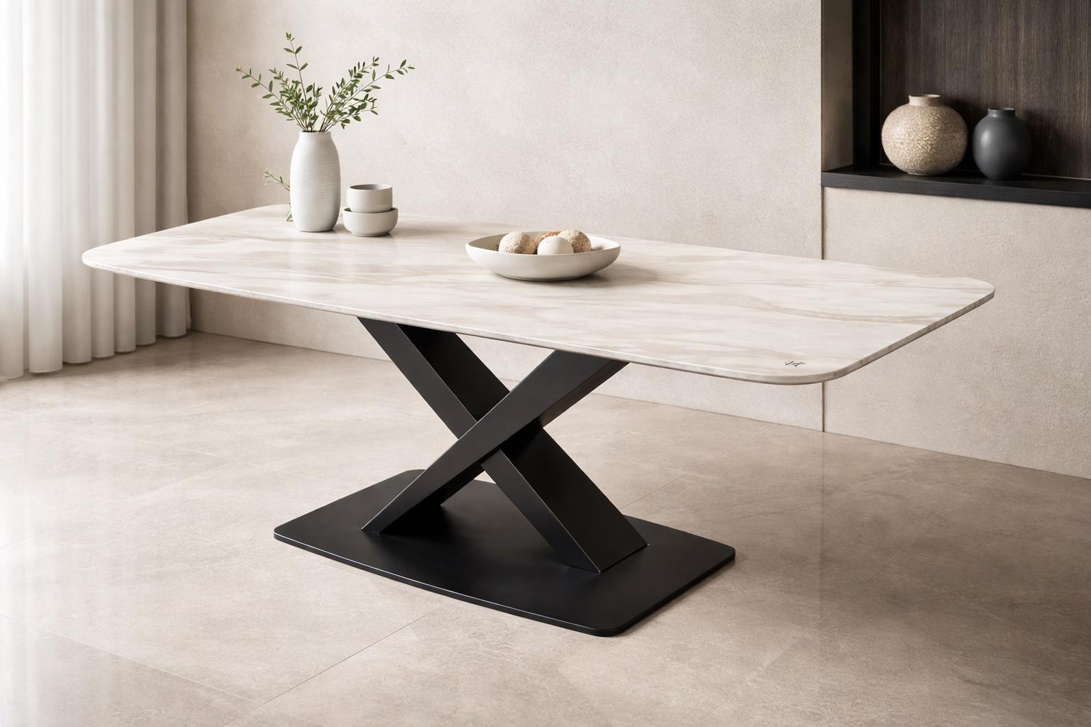 Krem Porselen Tablalı Siyah Metal Ayaklı Yemek Masası
